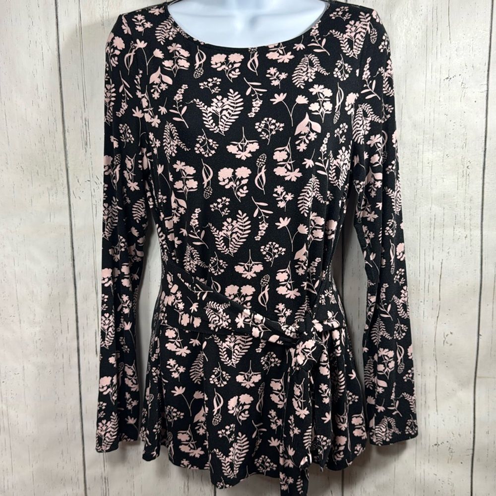 Boden Bernadette Womens Floral Waist Tie Top Stretch Jersey Fitted Long Sleeve